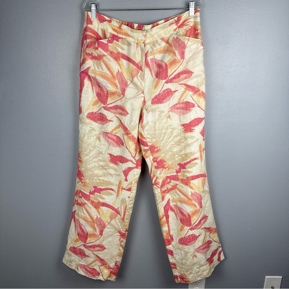 Chicos Pants Women’s 1.5 (10) 100% Linen Wide Leg Flowy Pink Floral High Rise